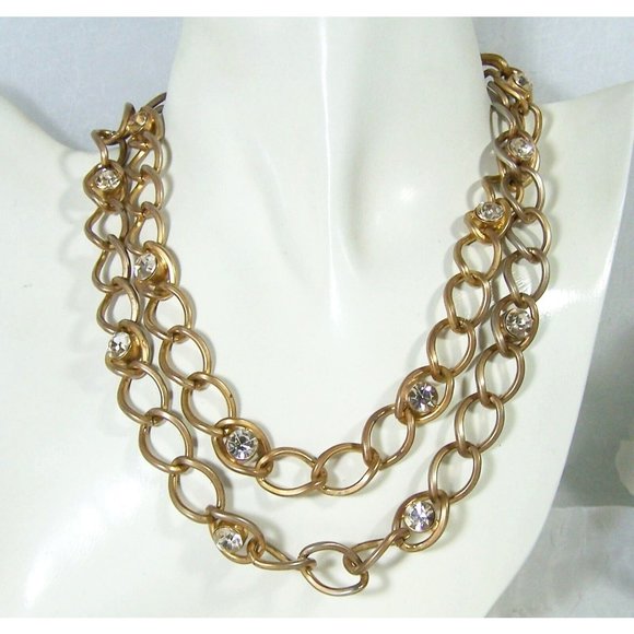 2028 Jewelry Matte Gold Tone & Rhinestone Necklace 30" - Picture 1 of 5